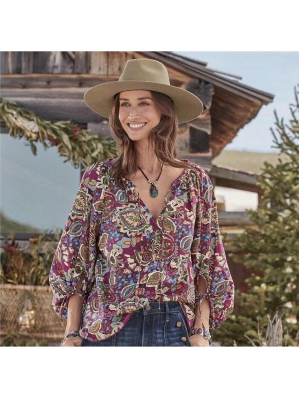 Sundance Belladonna Beauty Cotton Top Blouse Paisley Boho Peasant L